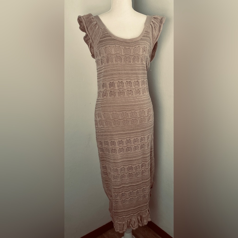 NWT Freshman 1996 Stretchy Crochet Midi Dress Tan Beige L